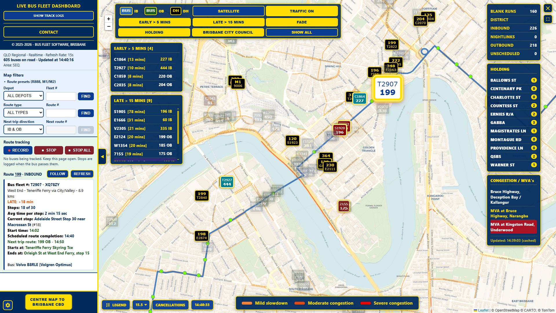 Live Fleet Operations Console showing live bus positions and operational lists